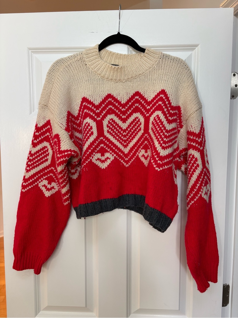 Free People Red and Cream Heart-Pattern Crewneck Sweater